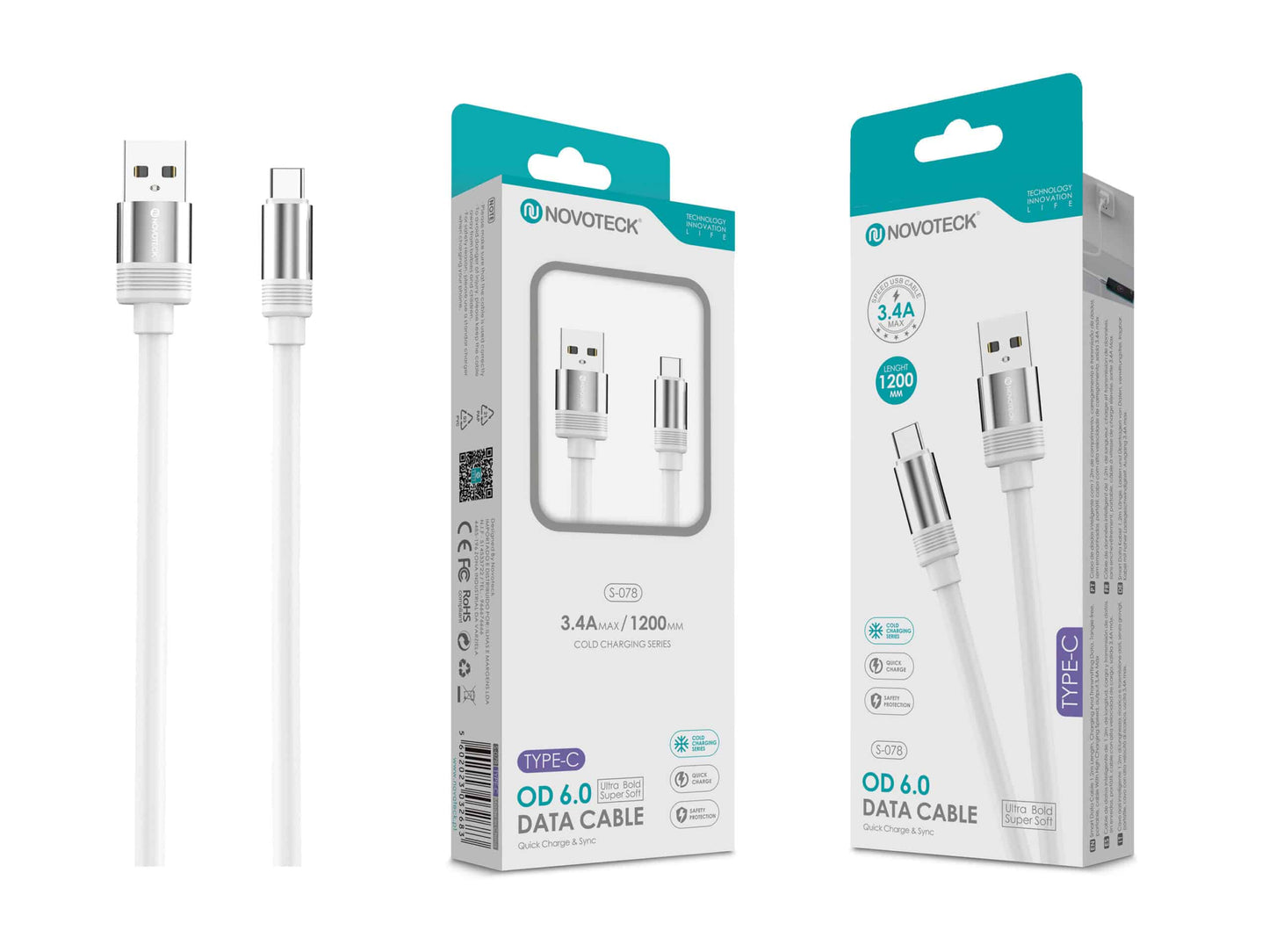 Cabo de Dados Lightning 3.4A,1.2m,OD 6.0 Super Grosso,Branco,Alta Durabilidade S-079